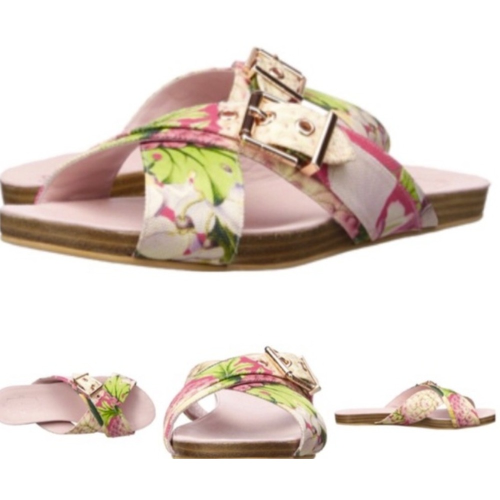 Ted Baker Floral Criss Cross Buckle Slide Sandals Pink Rose Gold EU 38.5 Womens‎
